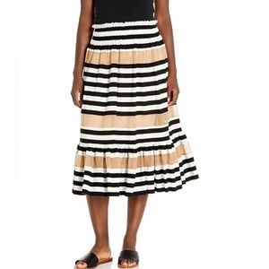 Norma Kamali Women's Skirt Stripe Mesh Nude Black White Stretch Midi Tiered XXS